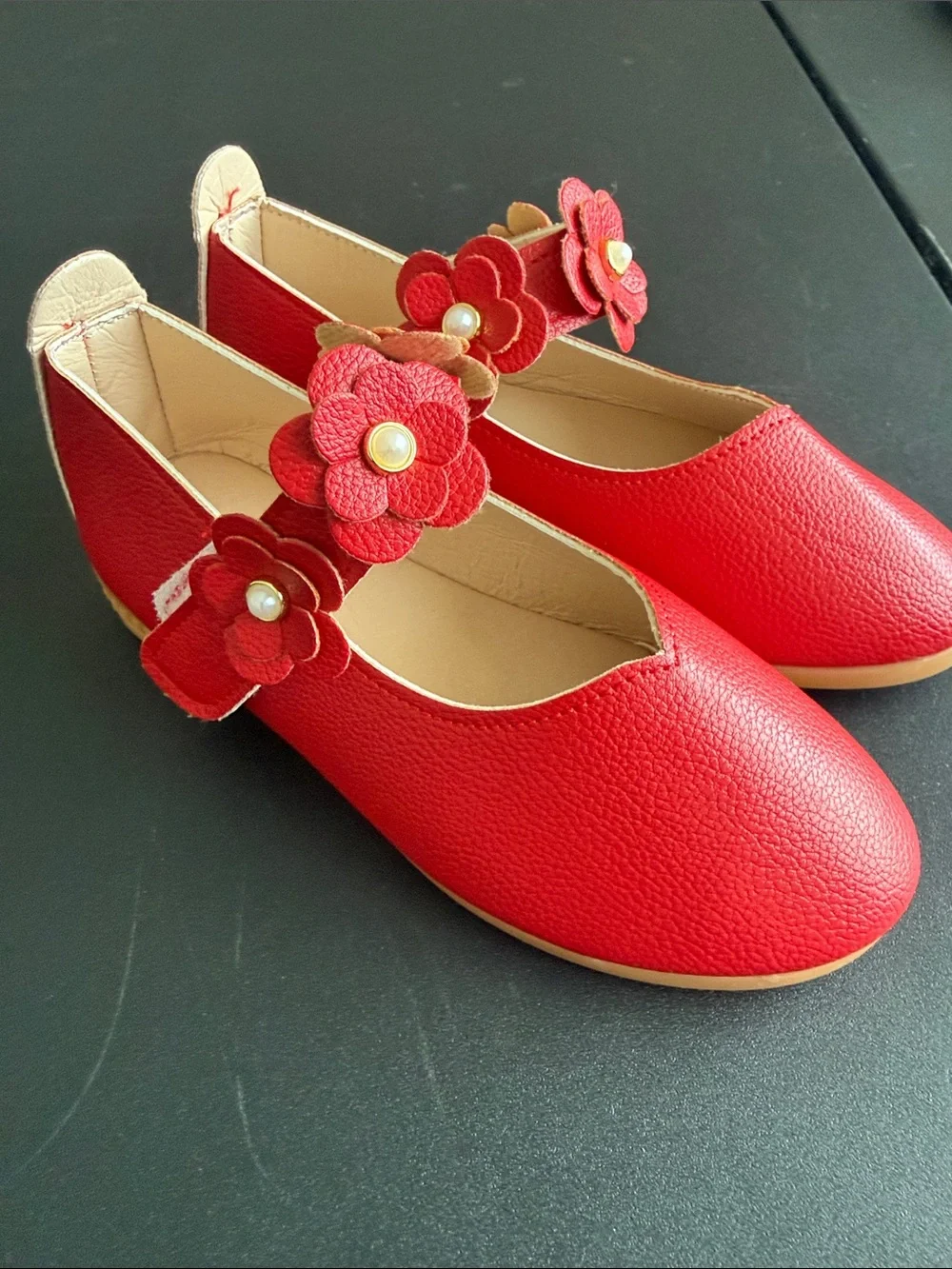 Girls Red Floral Mary Jane Ballet Flats